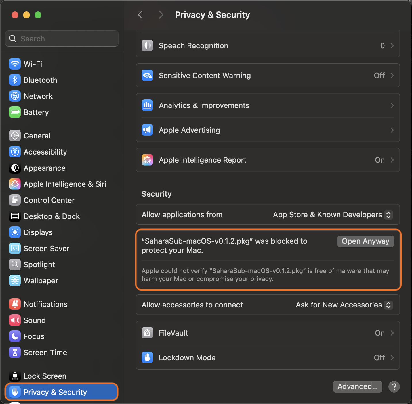 Open Anyway Button in Privacy & Security